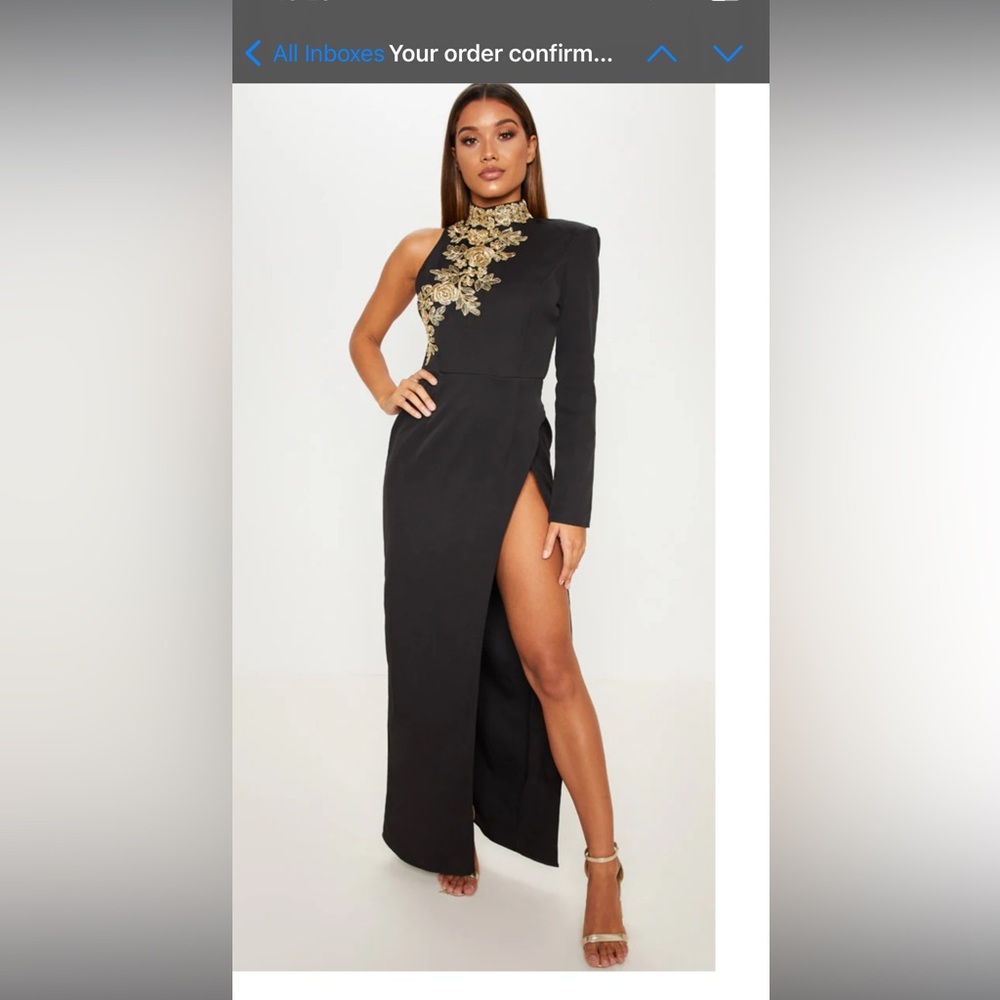PRETTYLITTLETHING Black One-Shoulder Embellished Asymmetrical Gown-Size 12-READ!